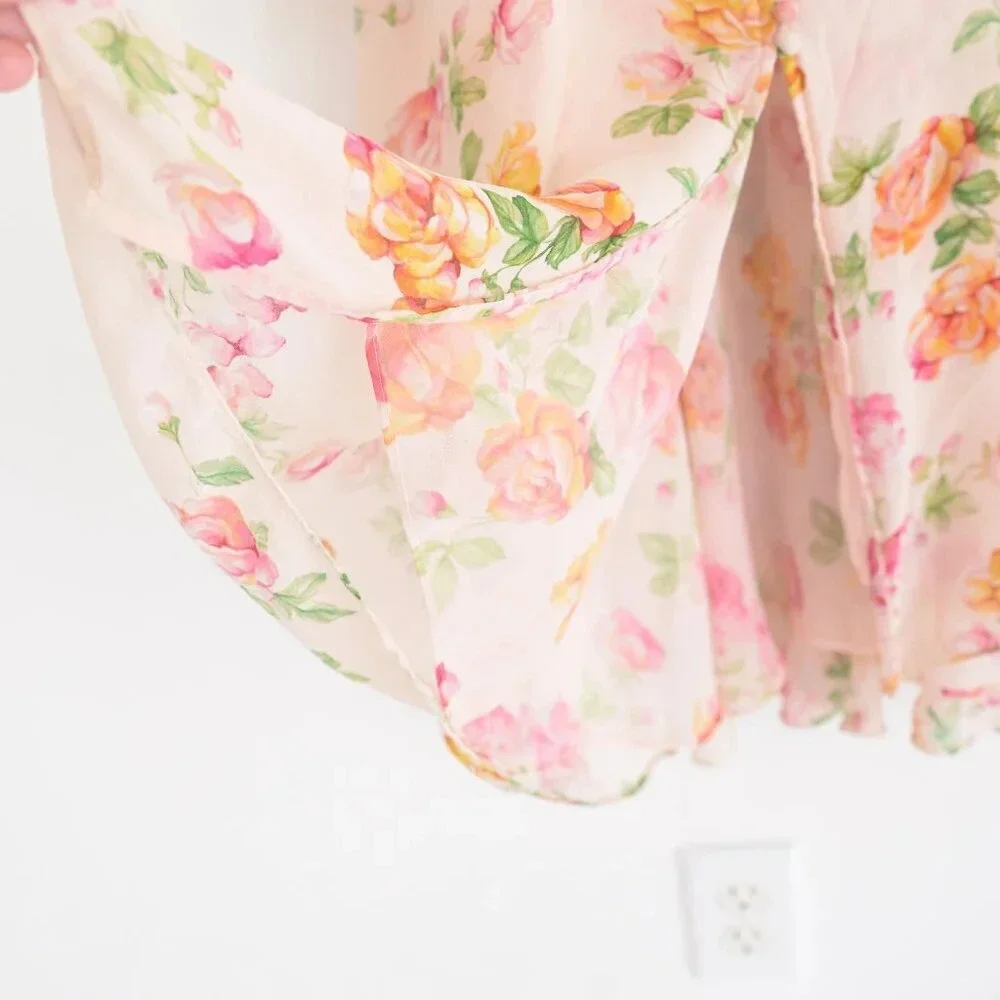Kooples  Antique Pink Floral 100% Silk Puff Sleeve Button Down Slip Midi Dress - Picture 5 of 14